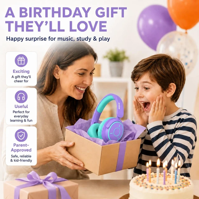 Alt view image 5 of 7 - Kids Bluetooth Headphones Wireless Over-Ear,68Hrs,Volume Limit 85/94dB PP Built-in Mic,Adjustable Headband Foldable Lightweight for Toddler School Girls Boys,Stereo Sound,Wired by Aux 3.5mm Purple