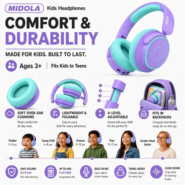 Alt view image 7 of 7 - Kids Bluetooth Headphones Wireless Over-Ear,68Hrs,Volume Limit 85/94dB PP Built-in Mic,Adjustable Headband Foldable Lightweight for Toddler School Girls Boys,Stereo Sound,Wired by Aux 3.5mm Purple