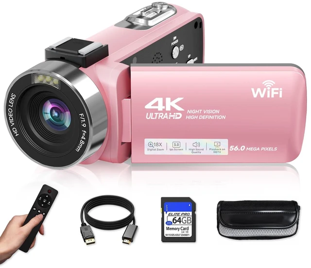 Main image of Video Camera, 4K Camcorder 56MP Digital Video Recorder 18X Zoom 3" 270° Rotation Touchscreen IR Night Vision, Wifi Vlogging Camera for YouTube 64GB Card Anti-Shake Remote Control Camera Bag Lens Cap