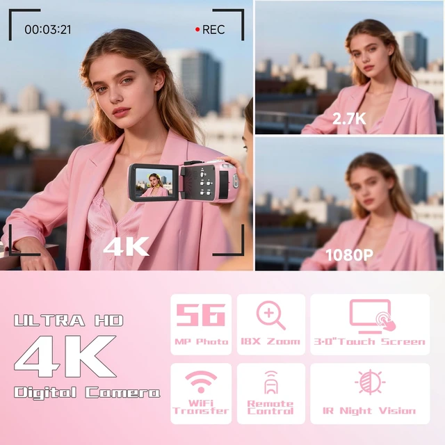 Alt view image 2 of 7 - Video Camera, 4K Camcorder 56MP Digital Video Recorder 18X Zoom 3" 270° Rotation Touchscreen IR Night Vision, Wifi Vlogging Camera for YouTube 64GB Card Anti-Shake Remote Control Camera Bag Lens Cap