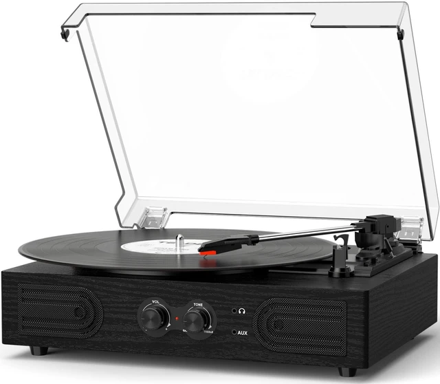 Main image of Vinyl Records Player with Bulit-in Stereo Speaker Bass &Treble Tone Control Bluetooth 3-Speed Belt-Driven Turntable,Vintage LP Player, Headphone Jack, RCA Line-out, AUX-In, Auto-Stop, Black Wood