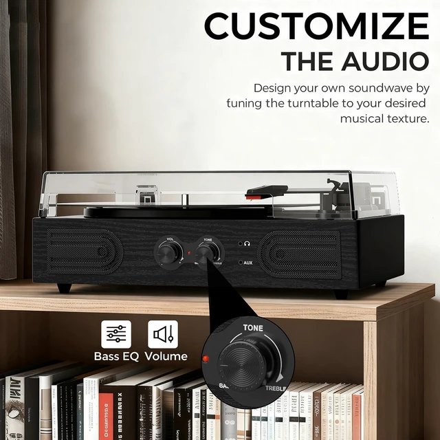 Alt view image 2 of 7 - Vinyl Records Player with Bulit-in Stereo Speaker Bass &Treble Tone Control Bluetooth 3-Speed Belt-Driven Turntable,Vintage LP Player, Headphone Jack, RCA Line-out, AUX-In, Auto-Stop, Black Wood