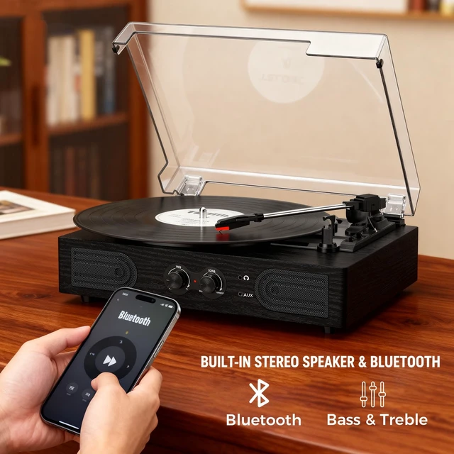 Alt view image 3 of 7 - Vinyl Records Player with Bulit-in Stereo Speaker Bass &Treble Tone Control Bluetooth 3-Speed Belt-Driven Turntable,Vintage LP Player, Headphone Jack, RCA Line-out, AUX-In, Auto-Stop, Black Wood