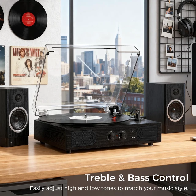 Alt view image 4 of 7 - Vinyl Records Player with Bulit-in Stereo Speaker Bass &Treble Tone Control Bluetooth 3-Speed Belt-Driven Turntable,Vintage LP Player, Headphone Jack, RCA Line-out, AUX-In, Auto-Stop, Black Wood