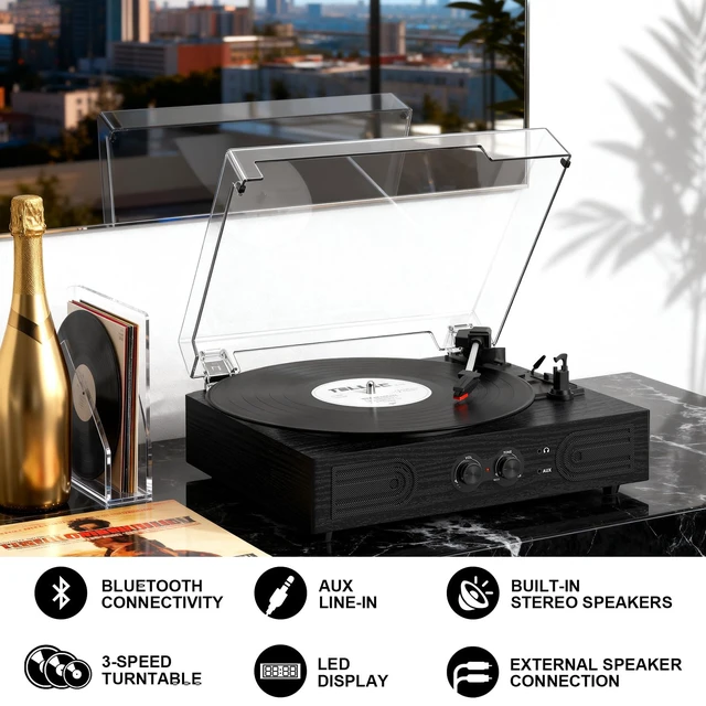 Alt view image 7 of 7 - Vinyl Records Player with Bulit-in Stereo Speaker Bass &Treble Tone Control Bluetooth 3-Speed Belt-Driven Turntable,Vintage LP Player, Headphone Jack, RCA Line-out, AUX-In, Auto-Stop, Black Wood
