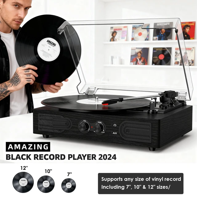 Alt view image 5 of 7 - Vinyl Records Player with Bulit-in Stereo Speaker Bass &Treble Tone Control Bluetooth 3-Speed Belt-Driven Turntable,Vintage LP Player, Headphone Jack, RCA Line-out, AUX-In, Auto-Stop, Black Wood