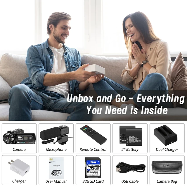 Alt view image 7 of 7 - 8K Video Camera, 48MP Vloging Camcorder with IR Night Vision for YouTube WiFi, 3" Touch Screen, 18X Digital Zoom, Fill Light, Microphone, Stabilizer, Remote Control, 2 Batteries