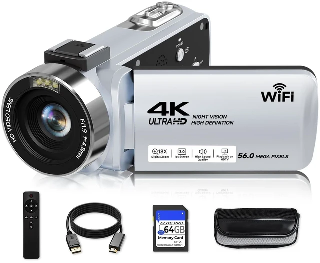 Main image of Video Camera, 4K Camcorder 56MP Digital Video Recorder 18X Zoom 3" 270° Rotation Touchscreen IR Night Vision, Wifi Vlogging Camera for YouTube 64GB Card Anti-Shake Remote Control Camera Bag Lens Cap
