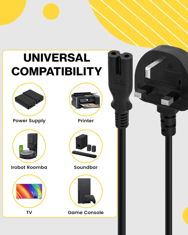 Alt view image 4 of 5 - (5 Pack) United Kingdom UK 2- Slot Printer Power Cord Cable, Non-Polarized (IEC-320-C7 to CEE 7/16) Works with Printer, TV, PS4 Game Console and More for UK Travel