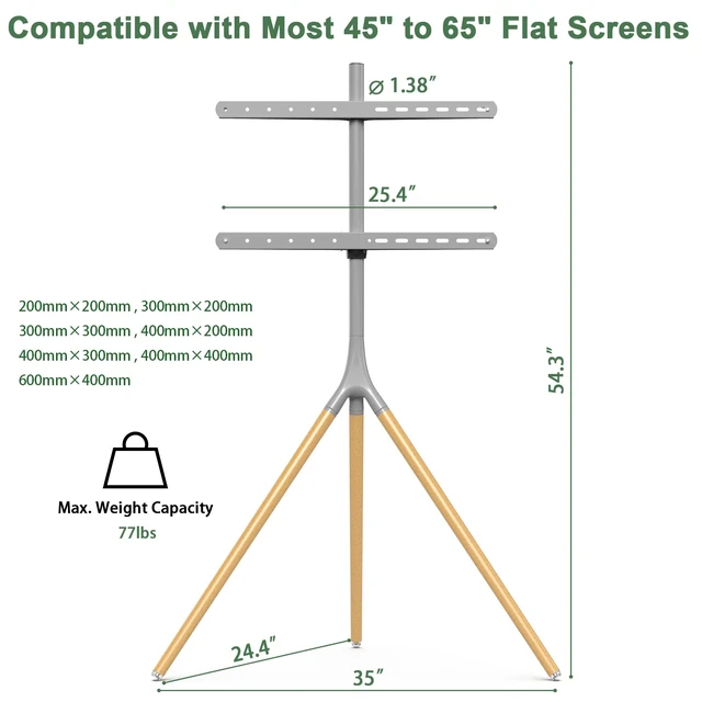 Alt view image 2 of 7 - Gray TV Easel Stand with Tripod Base for 45-65 inch Screens 180°Swivel Tripod TV Stand for Apartment, Bedroom, Studio - Height Adjustable Portable TV Stand w/Cable Ties