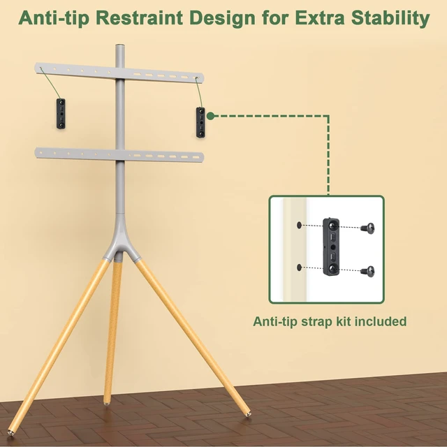 Alt view image 4 of 7 - Gray TV Easel Stand with Tripod Base for 45-65 inch Screens 180°Swivel Tripod TV Stand for Apartment, Bedroom, Studio - Height Adjustable Portable TV Stand w/Cable Ties