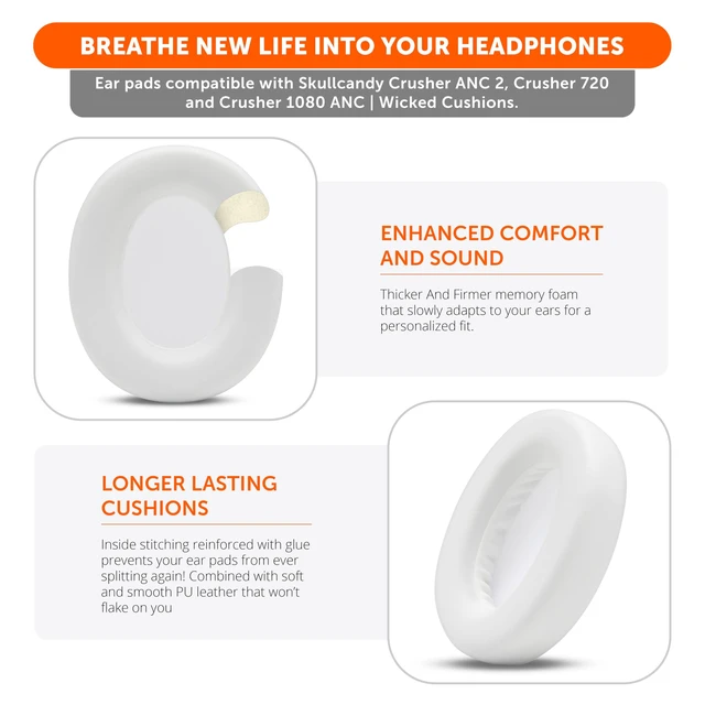Alt view image 4 of 7 - PadZ Crusher ANC 2 - Replacement Earpads for Skullcandy Crusher ANC 2 Made by Wicked Cushions Also Fits Crusher 720 and 1080 Enhanced Comfort & Sound Isolation White