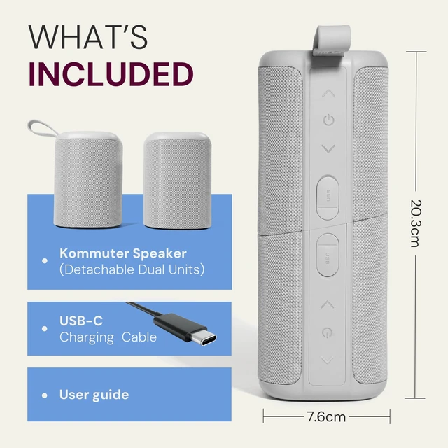 Alt view image 7 of 7 - Kommuter Splittable Waterproof Bluetooth Speaker System (Concrete) Dual Splittable IPX7 Waterproof Speakers - 20W Stereo Sound, Sync Up to 100 Units, 6H Playtime - Wireless Surround Sound