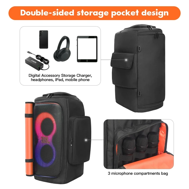 Alt view image 4 of 7 - Speaker Cover Case Compatible with JBL PartyBox 120/PartyBox 110 Protective Dustproof Carrying Cover, Side Pockets for Microphone, for Outdoor Travel, Parties, Home Use, with Open Bottom