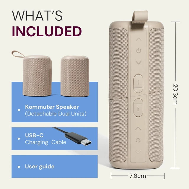Alt view image 7 of 7 - Kommuter Splittable Waterproof Bluetooth Speaker System (Sand) Dual Splittable IPX7 Waterproof Speakers - 20W Stereo Sound, Sync Up to 100 Units, 6H Playtime - Wireless Surround Sound