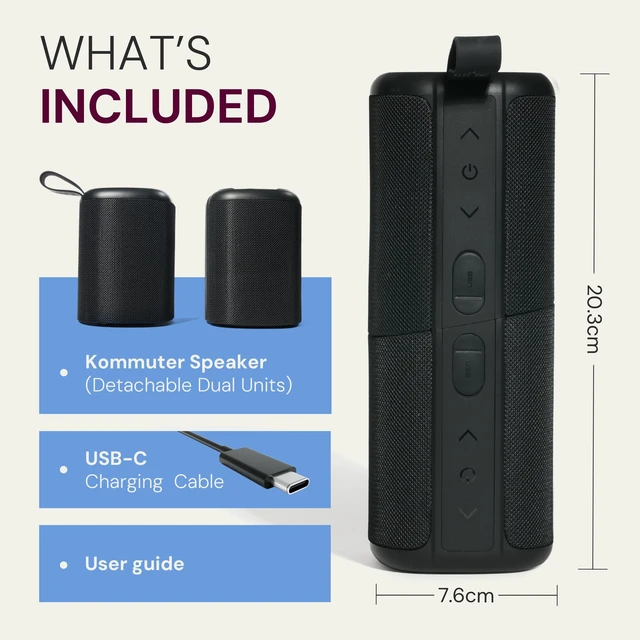 Alt view image 7 of 7 - Kommuter Splittable Waterproof Bluetooth Speaker System (Black) Dual Splittable IPX7 Waterproof Speakers - 20W Stereo Sound, Sync Up to 100 Units, 6H Playtime - Wireless Surround Sound
