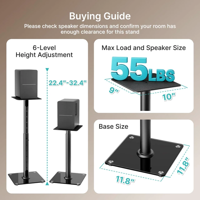 Alt view image 2 of 7 - 22-32 Speaker Stand Pair for Surround Sound,Holds 55 LBS,Glass Base Cable Management, 11.8 inch Square Base, 9*10-inch Metal Top Panel, Two Feet Avaliable, Height Adjustable from 22" to 32"