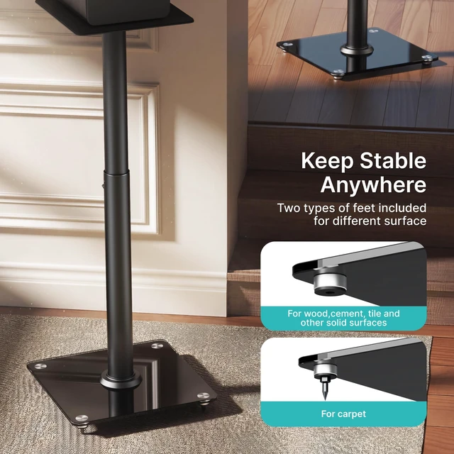 Alt view image 6 of 7 - 22-32 Speaker Stand Pair for Surround Sound,Holds 55 LBS,Glass Base Cable Management, 11.8 inch Square Base, 9*10-inch Metal Top Panel, Two Feet Avaliable, Height Adjustable from 22" to 32"
