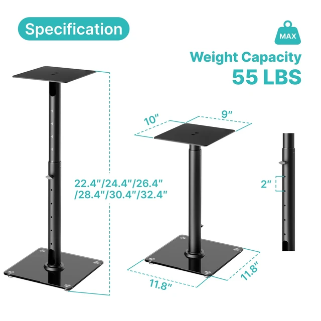 Alt view image 7 of 7 - 22-32 Speaker Stand Pair for Surround Sound,Holds 55 LBS,Glass Base Cable Management, 11.8 inch Square Base, 9*10-inch Metal Top Panel, Two Feet Avaliable, Height Adjustable from 22" to 32"