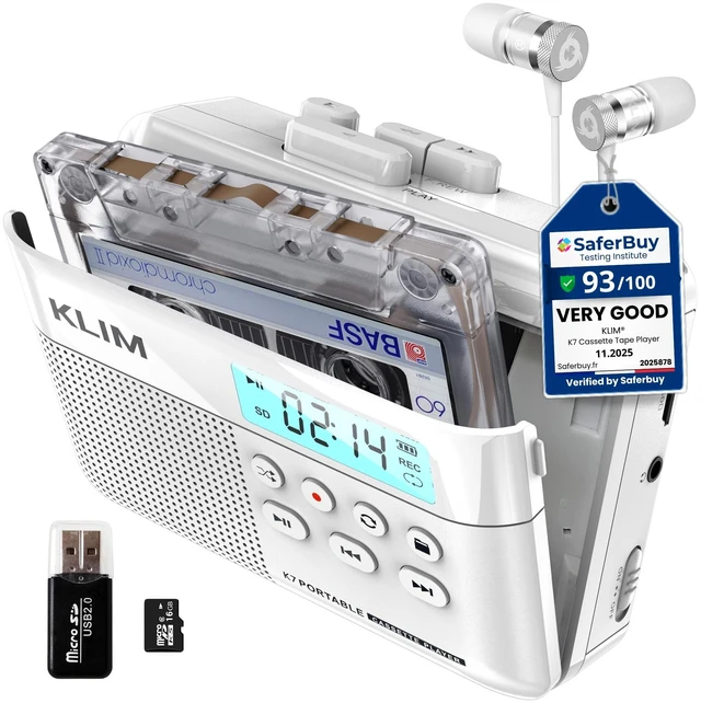 Main image of K7 Cassette Player, Converts Tapes to MP3, Built-in Microphone, 16GB Card Doubles as an Audio Recorder with Onboard Speaker, Rechargeable Battery and Included Earphones - White