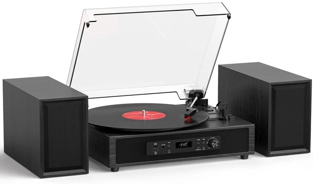 Main image of Vinyl Record Player with 4+2 External Stereo Speakers, Black (6 Speakers) Bluetooth, 3-Speed Belt-Drive Turntable, HiFi Sound, USB/SD Recording Vinyl to Digital, RCA & Headphone Out AUX-in