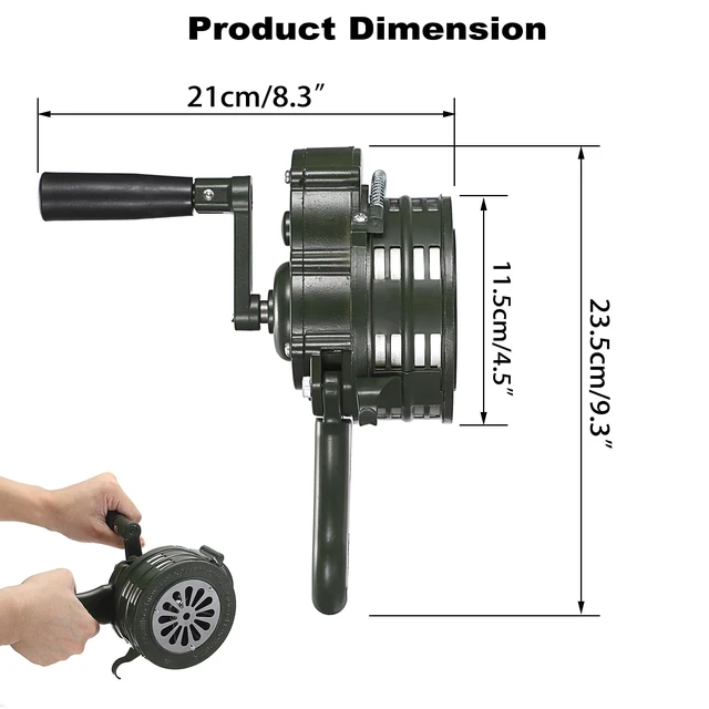 Alt view image 3 of 7 - Hand Crank Siren Manual Operated Air Raid Siren with Handle, Green Emergency Sturdy Waterproof Aluminum Alloy Tornado Sirens Portable Loud Volume Emergency Sirens for Sporting Events