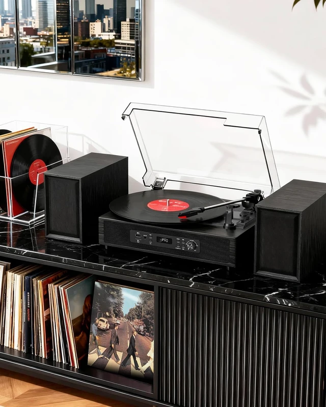 Alt view image 3 of 7 - Vinyl Record Player with 4+2 External Stereo Speakers, Black (6 Speakers) Bluetooth, 3-Speed Belt-Drive Turntable, HiFi Sound, USB/SD Recording Vinyl to Digital, RCA & Headphone Out AUX-in