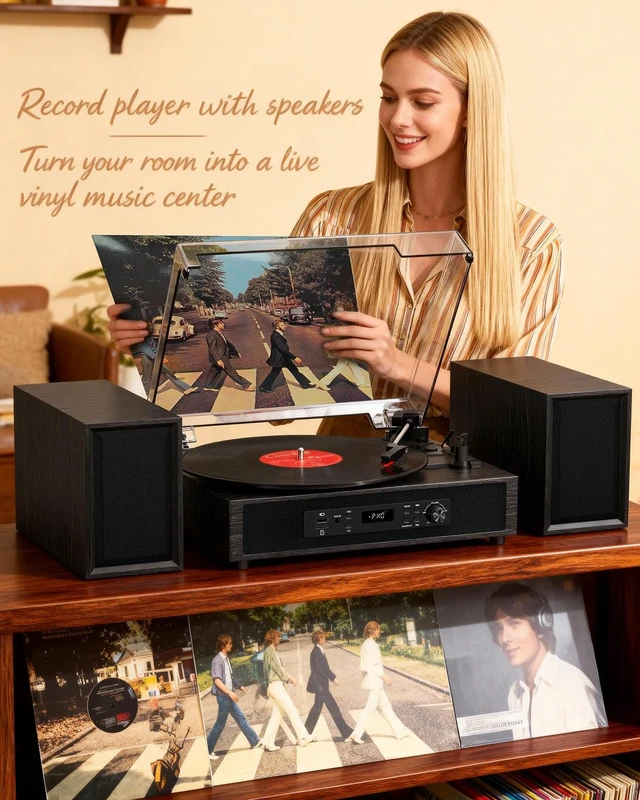 Alt view image 4 of 7 - Vinyl Record Player with 4+2 External Stereo Speakers, Black (6 Speakers) Bluetooth, 3-Speed Belt-Drive Turntable, HiFi Sound, USB/SD Recording Vinyl to Digital, RCA & Headphone Out AUX-in