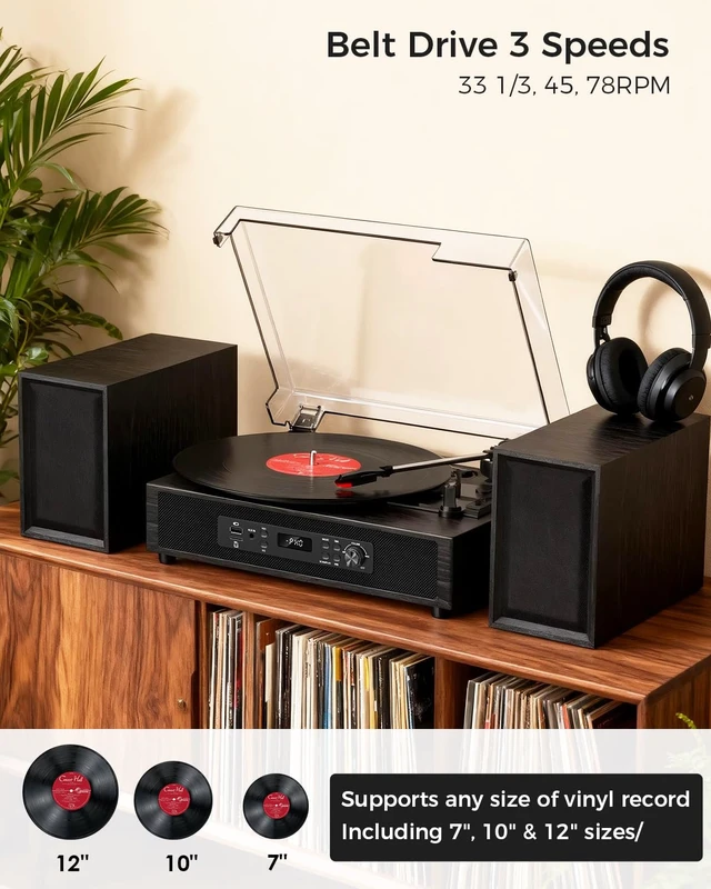 Alt view image 5 of 7 - Vinyl Record Player with 4+2 External Stereo Speakers, Black (6 Speakers) Bluetooth, 3-Speed Belt-Drive Turntable, HiFi Sound, USB/SD Recording Vinyl to Digital, RCA & Headphone Out AUX-in
