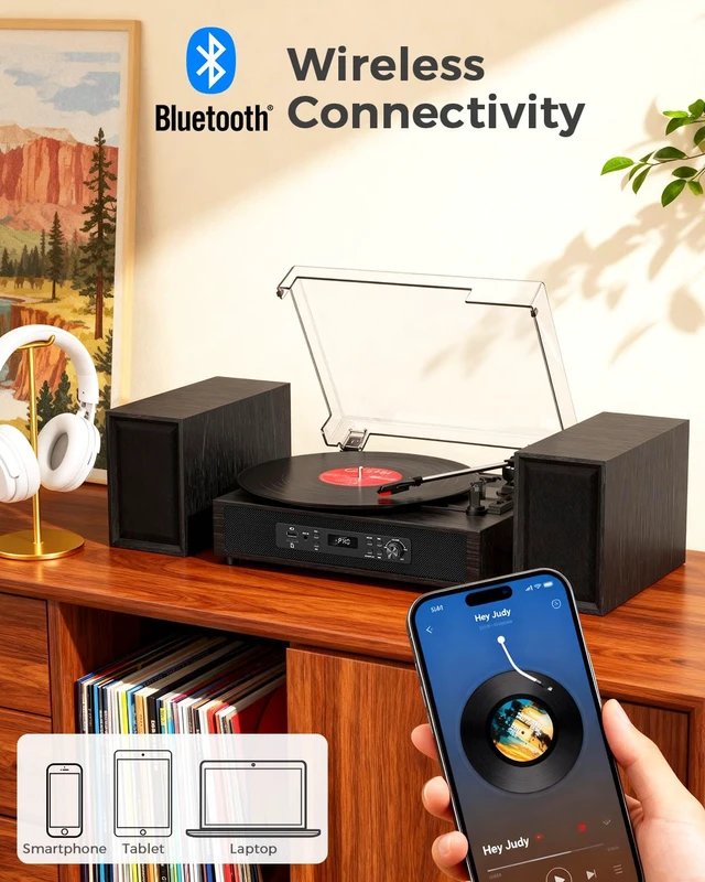 Alt view image 6 of 7 - Vinyl Record Player with 4+2 External Stereo Speakers, Black (6 Speakers) Bluetooth, 3-Speed Belt-Drive Turntable, HiFi Sound, USB/SD Recording Vinyl to Digital, RCA & Headphone Out AUX-in