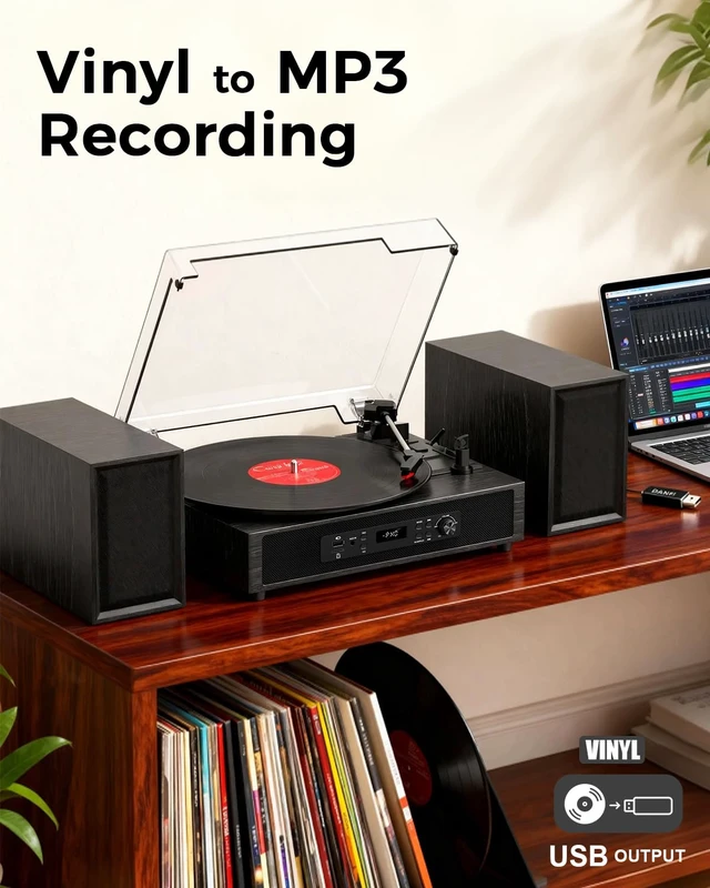Alt view image 7 of 7 - Vinyl Record Player with 4+2 External Stereo Speakers, Black (6 Speakers) Bluetooth, 3-Speed Belt-Drive Turntable, HiFi Sound, USB/SD Recording Vinyl to Digital, RCA & Headphone Out AUX-in
