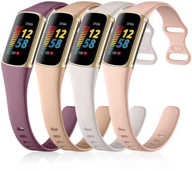 Main image of 4 Pack Slim Band Compatible with Fitbit Charge 5/6 Bands Women Men Soft Silicone Strap, Sport Replacement Wristband for Fitbit Charge 5 6 Fitness Tracker, Violet/Starlight/Milk Tea/Pink