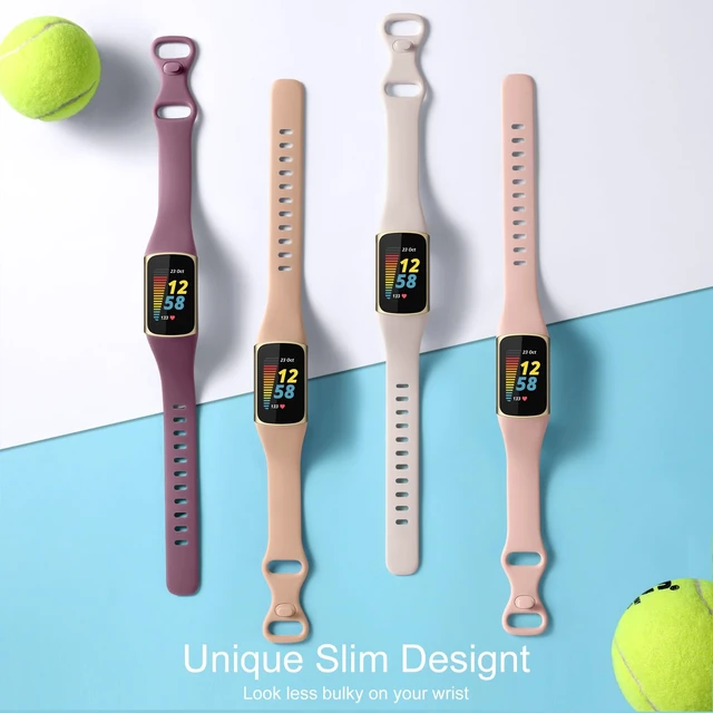 Alt view image 4 of 7 - 4 Pack Slim Band Compatible with Fitbit Charge 5/6 Bands Women Men Soft Silicone Strap, Sport Replacement Wristband for Fitbit Charge 5 6 Fitness Tracker, Violet/Starlight/Milk Tea/Pink