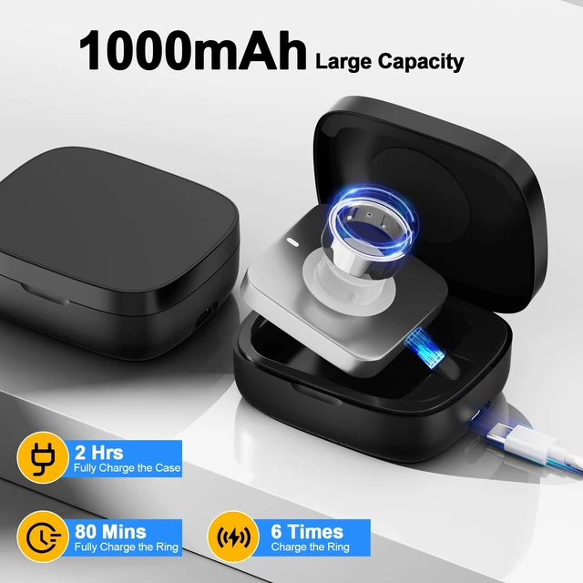 Alt view image 6 of 7 - Portable Charging Case Compatible with Oura Ring Gen 3/4/5 (Black) Universal Fit, 1000mAh Wireless Power Station for Travel, 30-Day Runtime Charger Accessories, (Official Charger NOT Included)