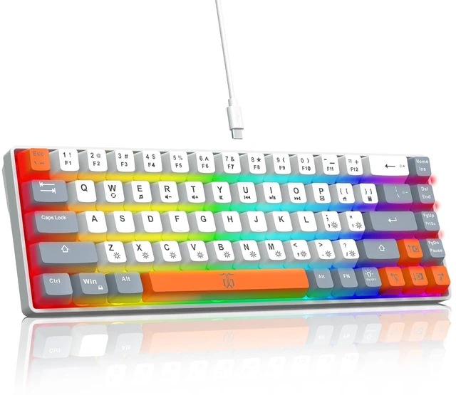 Main image of 60% Percent Gaming Keyboard (68 Keys, White-Grey-Orange) Ergonomic Compact RGB Backlit Small Gaming Keyboard for Windows, PC, Laptop