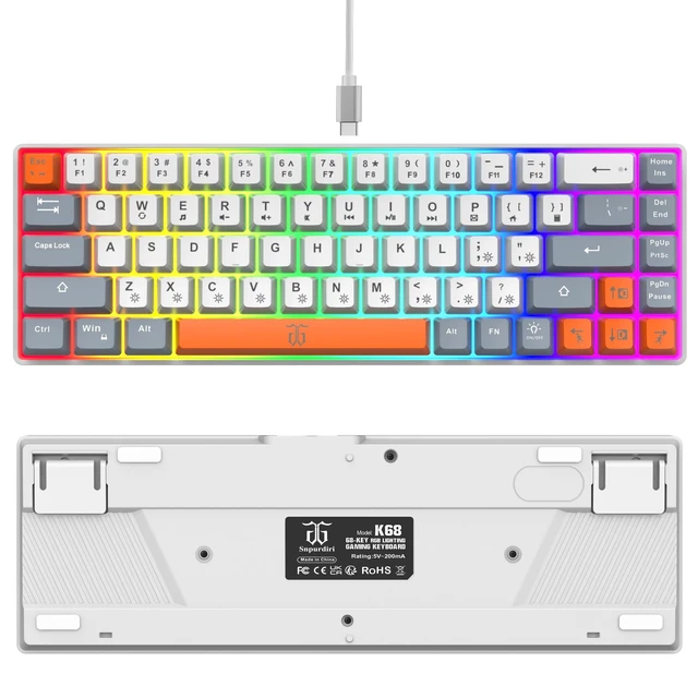 Alt view image 3 of 7 - 60% Percent Gaming Keyboard (68 Keys, White-Grey-Orange) Ergonomic Compact RGB Backlit Small Gaming Keyboard for Windows, PC, Laptop