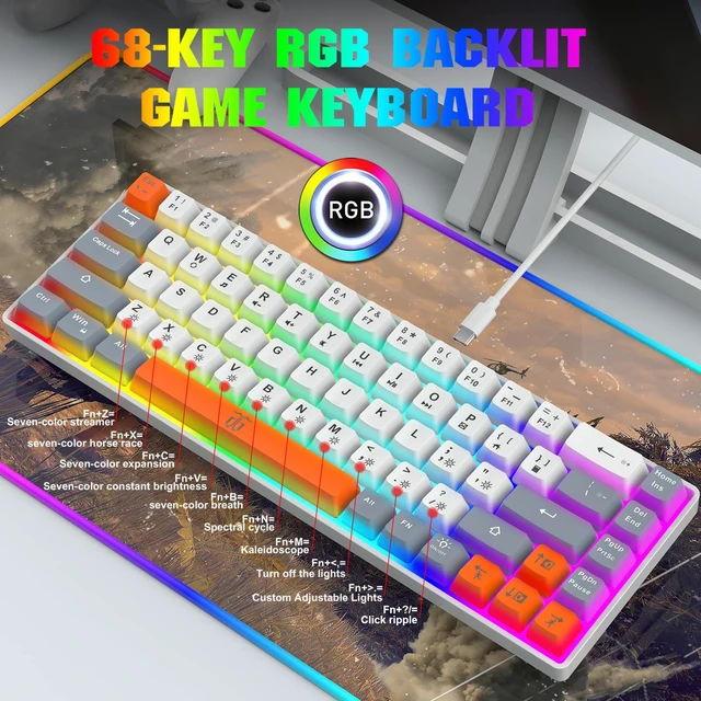 Alt view image 7 of 7 - 60% Percent Gaming Keyboard (68 Keys, White-Grey-Orange) Ergonomic Compact RGB Backlit Small Gaming Keyboard for Windows, PC, Laptop