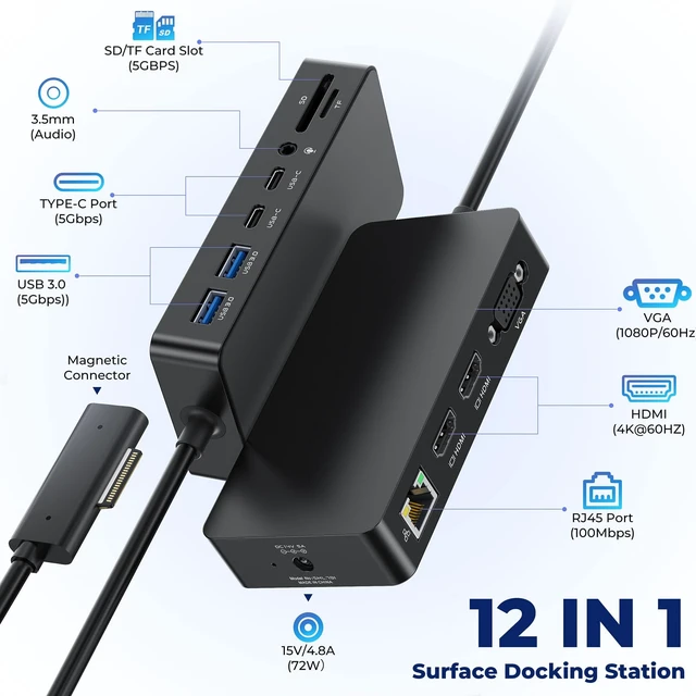 Alt view image 2 of 7 - Surface Pro Docking Station, Triple Display Dual 4K HDMI VGA, 12-in-1 Dock Compatible with Surface Pro 12/11/10/9/8/7/X, Surface Laptop 7/6/5/4/3, Surface Go / Book, Dual HDMI, VGA, Ethernet, SD/TF