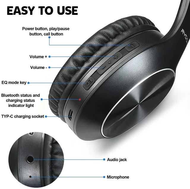 Alt view image 6 of 7 - Bluetooth Headphones Over Ear, 68H Playtime and 3 EQ Music Modes Wireless Headphones with Microphone/Deep Bass, HiFi Stereo Foldable Lightweight Headset for PC Home Travel Office Black