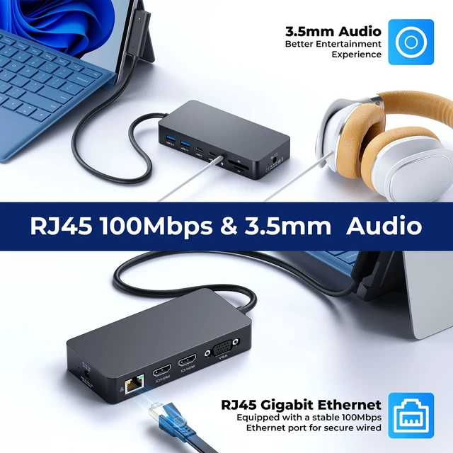 Alt view image 7 of 7 - Surface Pro Docking Station, Triple Display Dual 4K HDMI VGA, 12-in-1 Dock Compatible with Surface Pro 12/11/10/9/8/7/X, Surface Laptop 7/6/5/4/3, Surface Go / Book, Dual HDMI, VGA, Ethernet, SD/TF