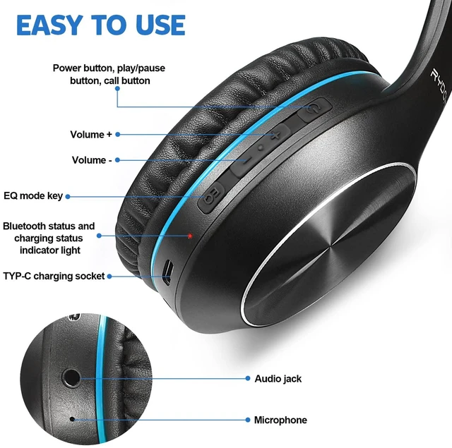 Alt view image 6 of 7 - Bluetooth Headphones Over Ear, 68H Playtime 3 EQ Music Modes Wireless Headphones with Microphone/Deep Bass, Foldable Lightweight Headset for PC Home Travel Office(Black Blue)