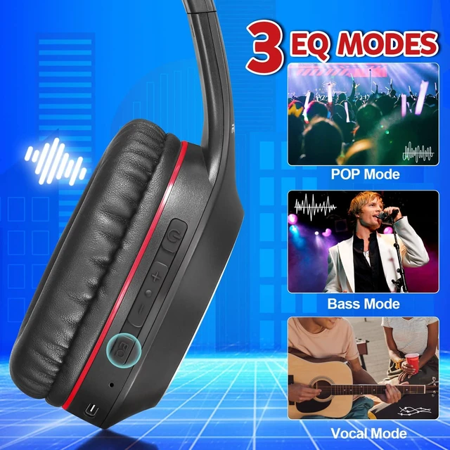 Alt view image 3 of 7 - Bluetooth Headphones Over Ear,68H Playtime and 3 EQ Music Modes Wireless Headphones with Microphone/Deep Bass, HiFi Stereo Foldable Lightweight Headset for PC Home Travel Office (Black Red)