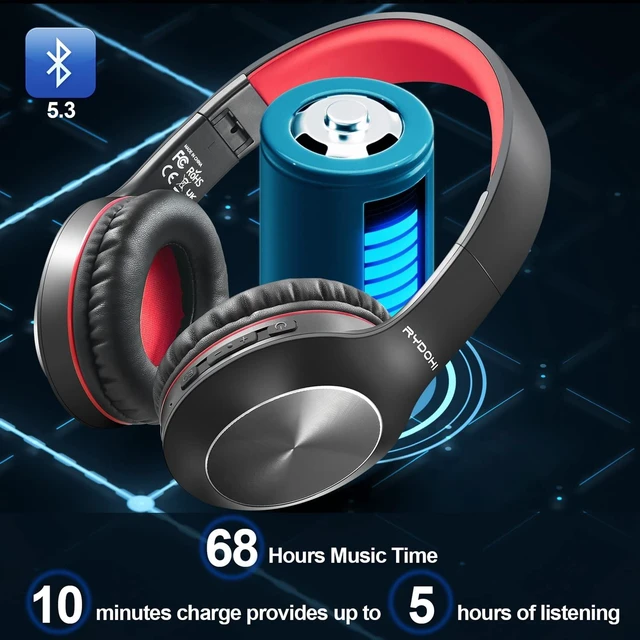 Alt view image 2 of 7 - Bluetooth Headphones Over Ear,68H Playtime and 3 EQ Music Modes Wireless Headphones with Microphone/Deep Bass, HiFi Stereo Foldable Lightweight Headset for PC Home Travel Office (Black Red)