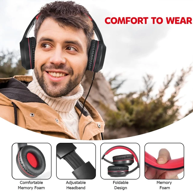 Alt view image 4 of 7 - Bluetooth Headphones Over Ear,68H Playtime and 3 EQ Music Modes Wireless Headphones with Microphone/Deep Bass, HiFi Stereo Foldable Lightweight Headset for PC Home Travel Office (Black Red)