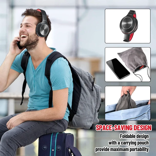 Alt view image 5 of 7 - Bluetooth Headphones Over Ear,68H Playtime and 3 EQ Music Modes Wireless Headphones with Microphone/Deep Bass, HiFi Stereo Foldable Lightweight Headset for PC Home Travel Office (Black Red)