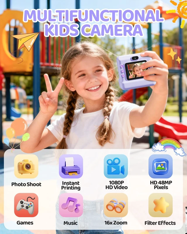 Alt view image 2 of 7 - Kids Instant Print Camera, 1080P HD Dual Lens with 32GB Card 2.4" Screen Kids Camera with 3 Paper Rolls, 16X Zoom, Christmas Birthday Gifts for Girls and Boys Age 3-12