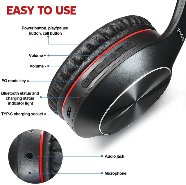 Alt view image 6 of 7 - Bluetooth Headphones Over Ear,68H Playtime and 3 EQ Music Modes Wireless Headphones with Microphone/Deep Bass, HiFi Stereo Foldable Lightweight Headset for PC Home Travel Office (Black Red)