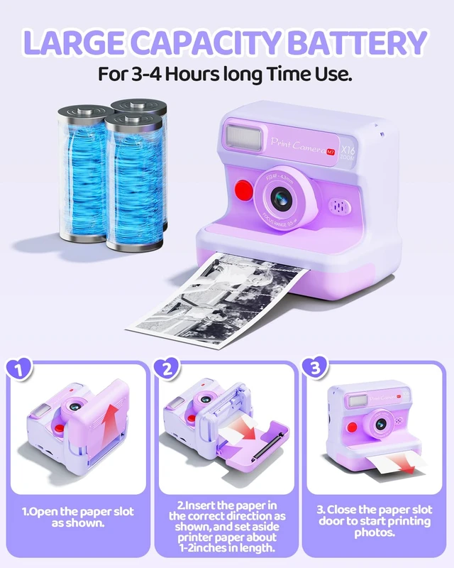 Alt view image 6 of 7 - Kids Instant Print Camera, 1080P HD Dual Lens with 32GB Card 2.4" Screen Kids Camera with 3 Paper Rolls, 16X Zoom, Christmas Birthday Gifts for Girls and Boys Age 3-12
