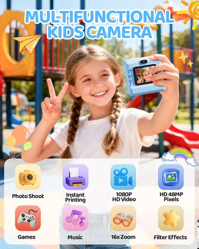 Alt view image 2 of 7 - Kids Instant Print Camera, 1080P HD Dual Lens with 32GB Card 2.4" Screen Kids Camera with 3 Paper Rolls, 16X Zoom, Christmas Birthday Gifts for Girls and Boys Age 3-12
