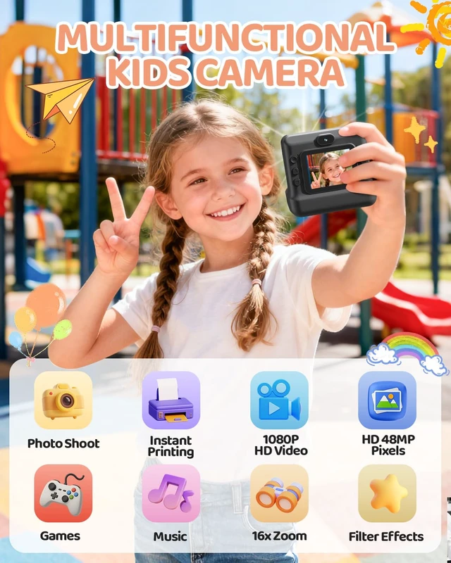 Alt view image 2 of 7 - Kids Instant Print Camera, 1080P HD Dual Lens with 32GB Card 2.4" Screen Kids Camera with 3 Paper Rolls, 16X Zoom, Christmas Birthday Gifts for Girls and Boys Age 3-12